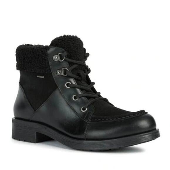 Geox Rawelle Faux Shearling Trimmed Waterproof Winter Boot Black Suede Sz 39 NEW - Picture 1 of 10
